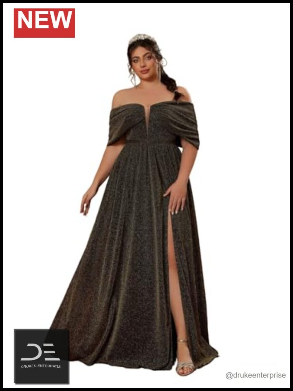 Plus Size Off Shoulder Deep V High Slit Glitter Maxi Prom Dress